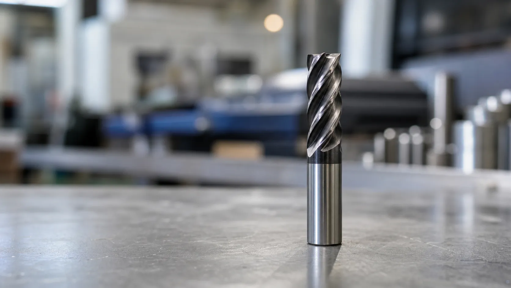 Illustration: Solid carbide end mill standing on a shop table