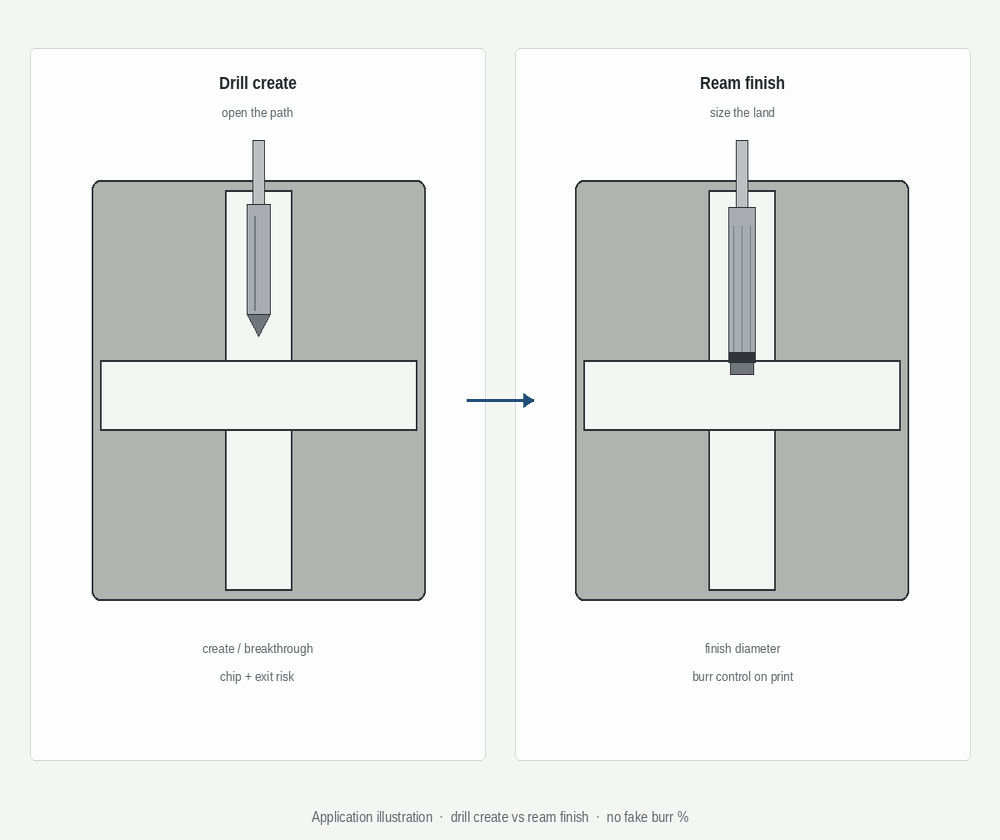 Drill create vs ream finish on a cross hole (illustration)