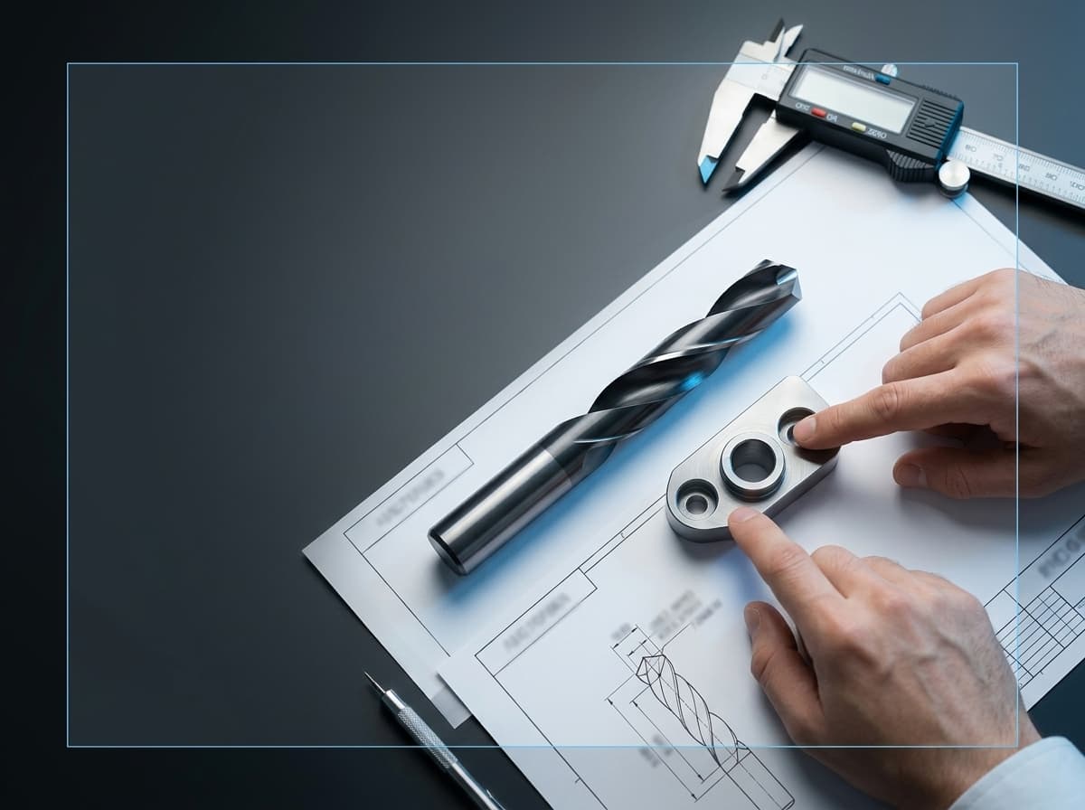 Engineer checking a solid carbide drill against a technical drawing with a micrometer