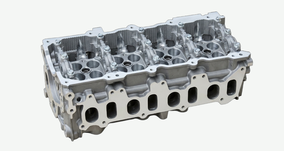Four-cylinder aluminum cylinder head with cam journals, valve-guide pockets and exhaust ports
