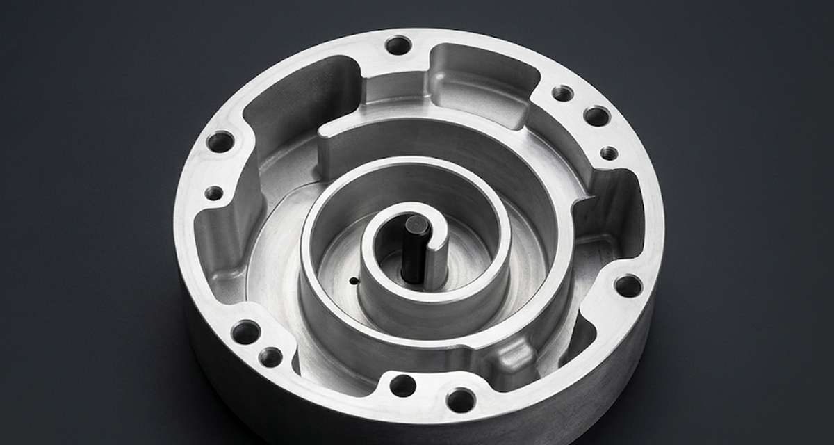 Aluminum fixed-scroll compressor housing with a spiral pocket and rim bolt holes
