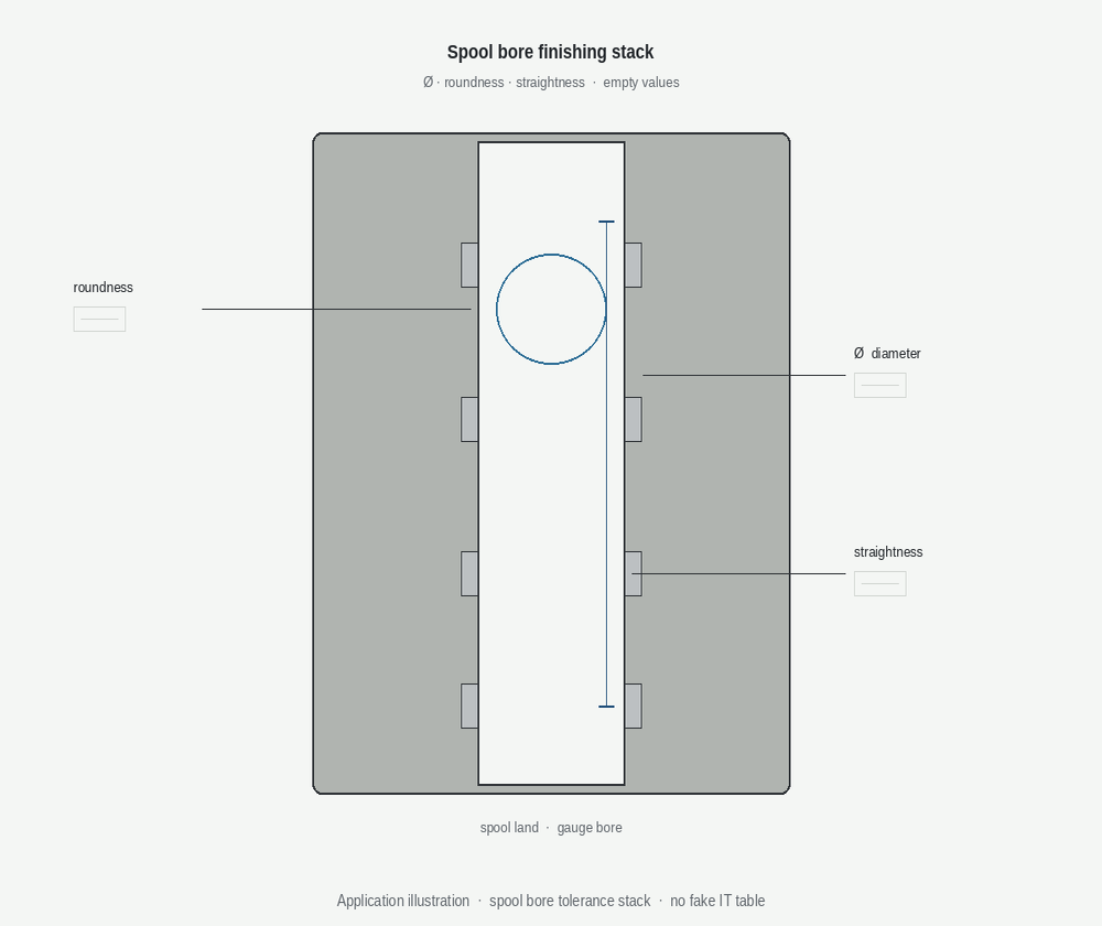 Spool bore finishing stack: diameter, roundness, straightness (illustration)