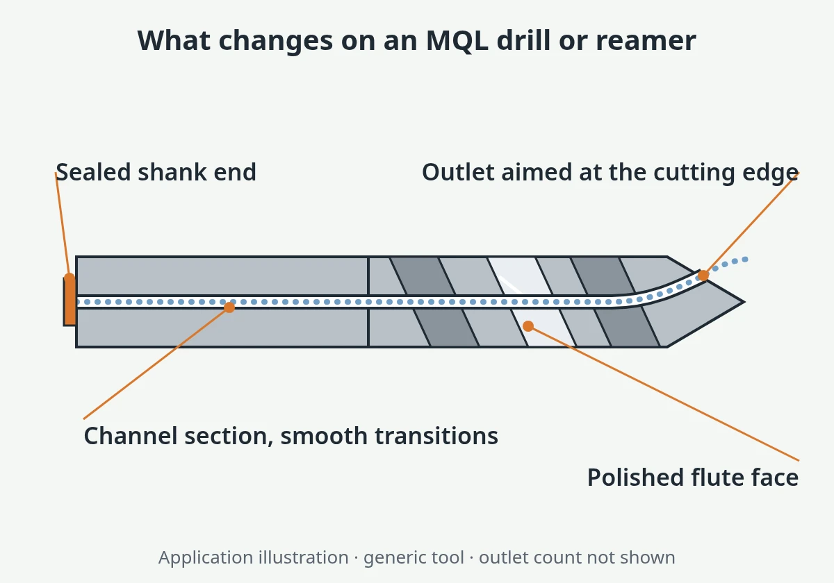 Tool features that change for MQL: sealed shank end, channel section and transitions, outlet position at the cutting edge, and flute surface (schematic)