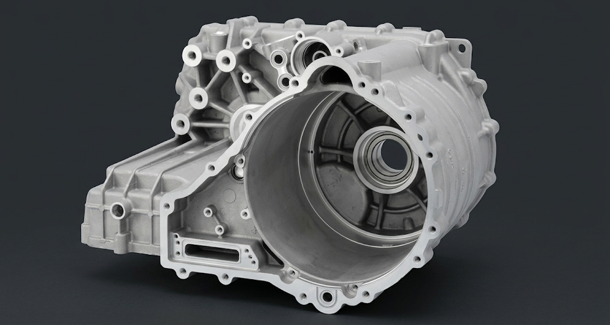 Aluminum EV e-axle housing with a large circular bore and stepped bearing seats
