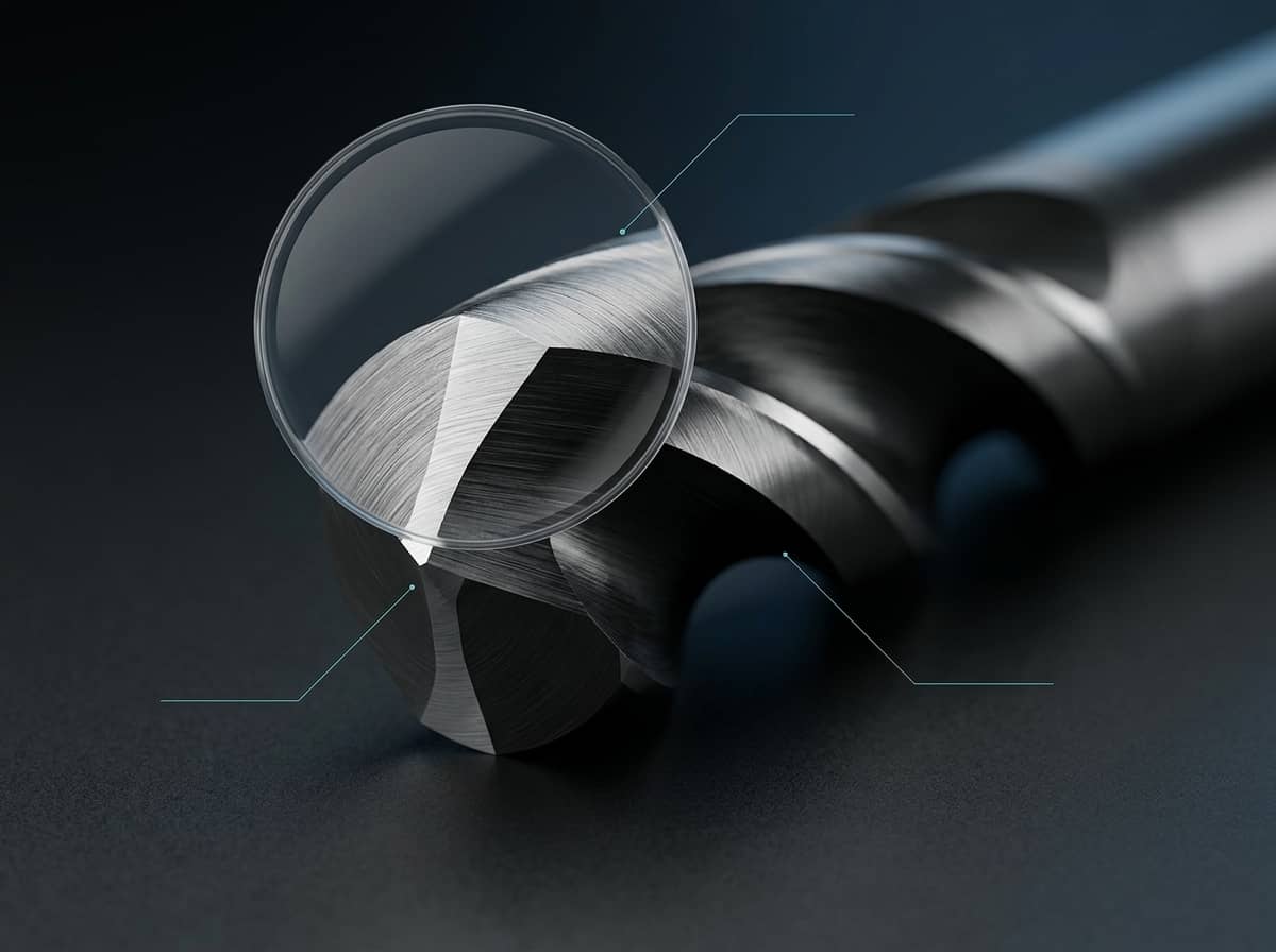 Macro view of a solid carbide drill point with flute and point geometry highlighted