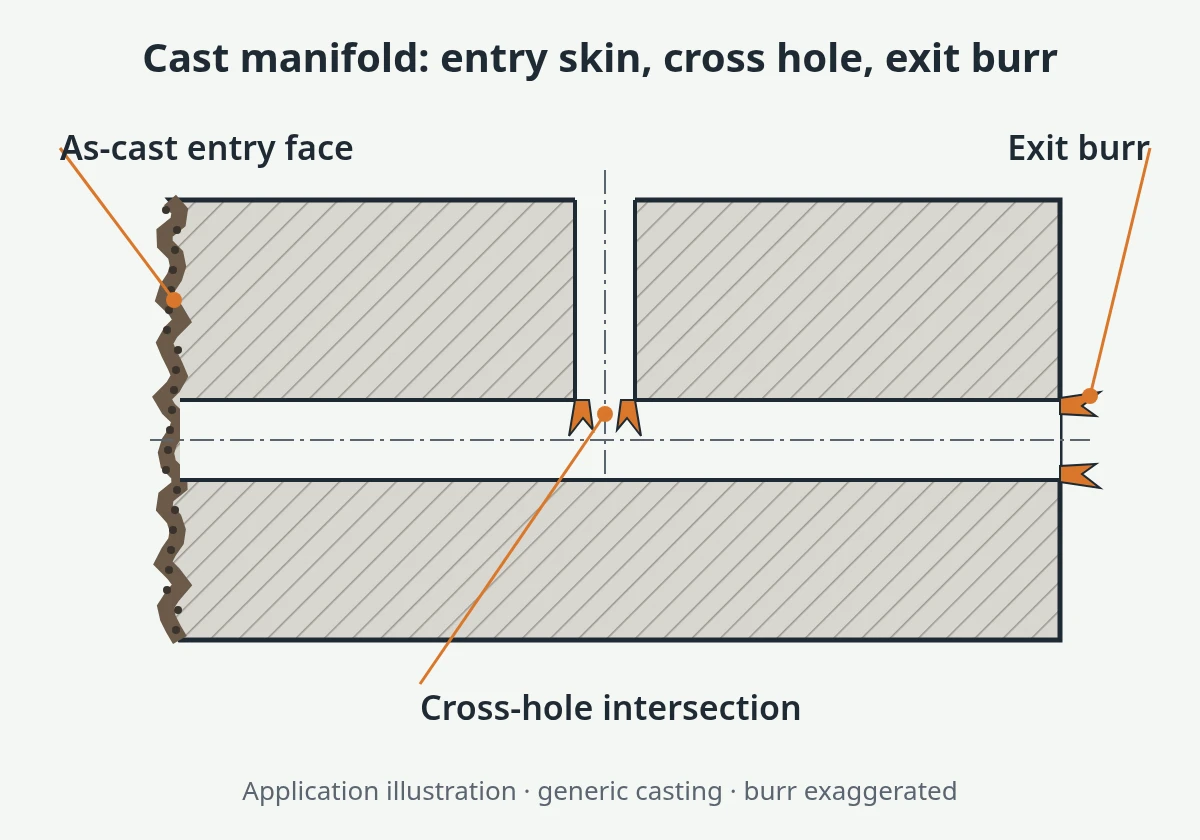 Section through a cast manifold showing the as-cast entry face, a cross-hole intersection and the exit burr zone (schematic)