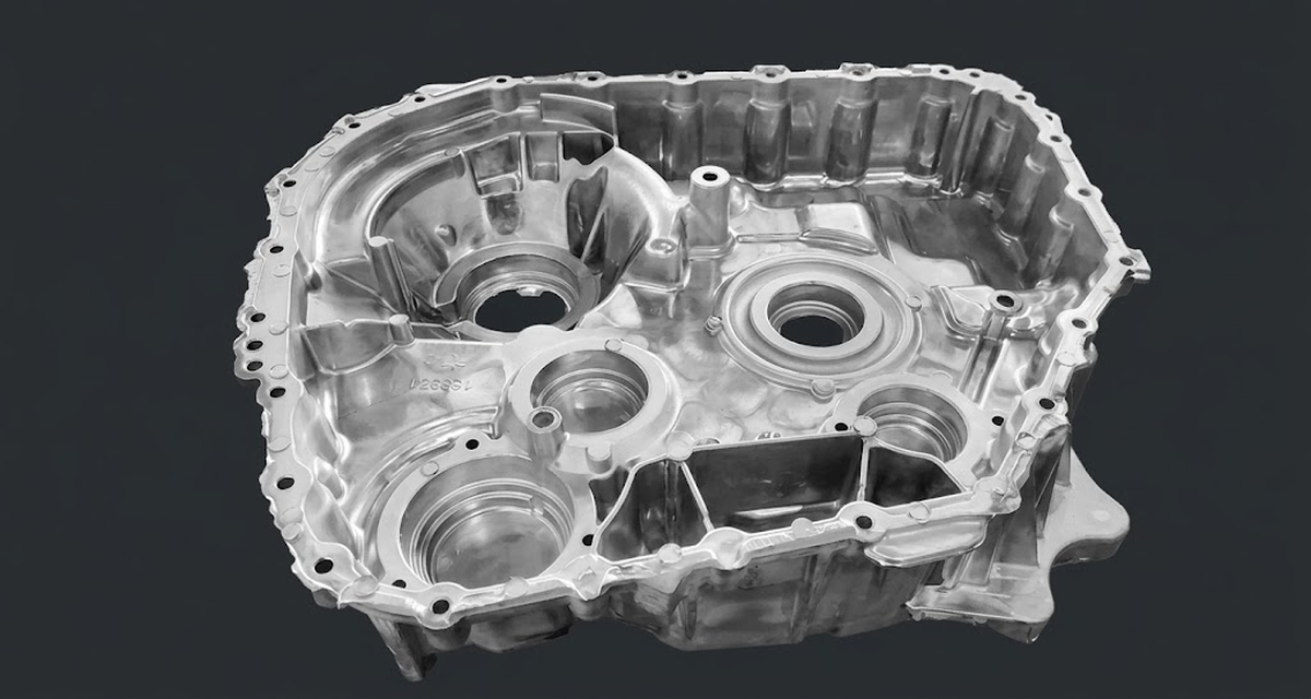 Open-top aluminum automotive transmission housing with machined bores and a flange bolt circle