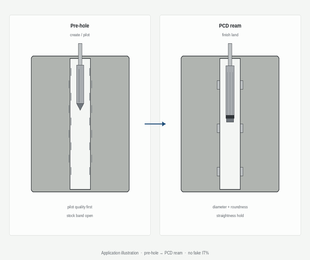 Pre-hole to PCD ream path for a spool bore (illustration)