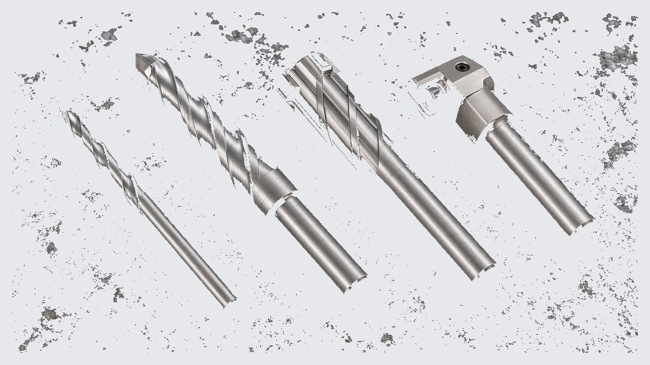 Carbide drill, expand drill, PCD reamer and fine boring bar on a granite plate