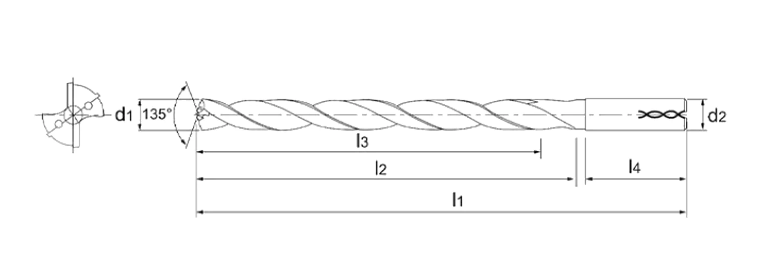 Illustration: dimension drawing of a 2-flute solid carbide drill for hardened steel, through-coolant version, with the 135° point angle, diameters d1 and d2 and lengths l1 to l4