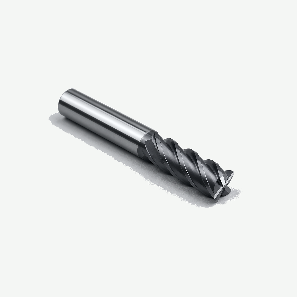 Solid carbide square end mill product photo showing tip, flutes and shank on light gray background (no price or life claims on image)