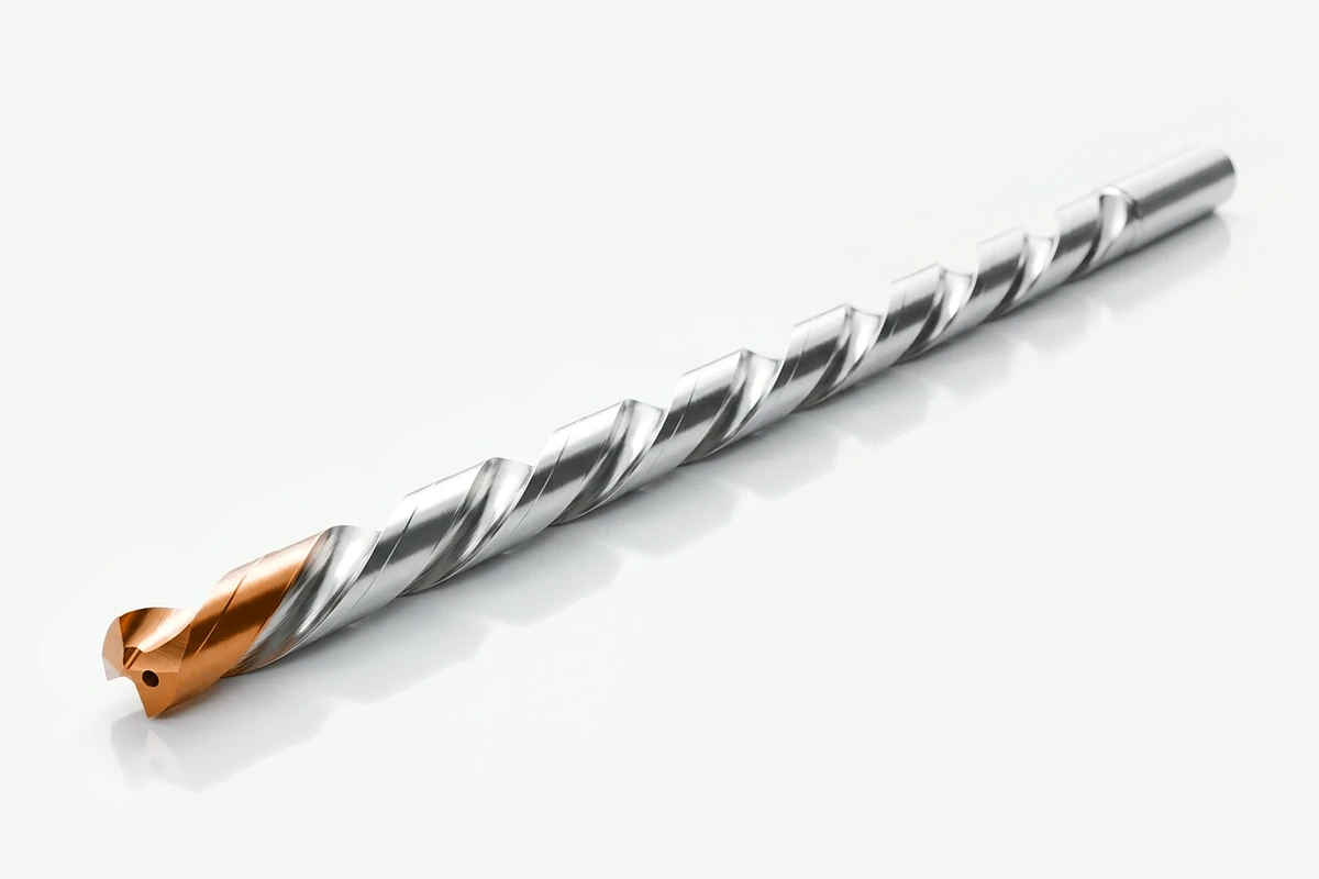 Long solid carbide deep-hole drill with two helical flutes, a copper-colored point and an internal coolant outlet, three-quarter view