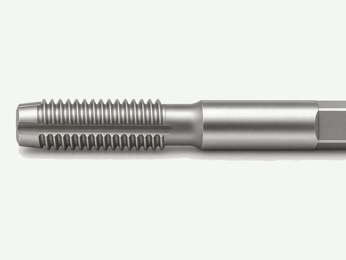 Spiral-point machine tap product display showing threaded section and straight main flutes
