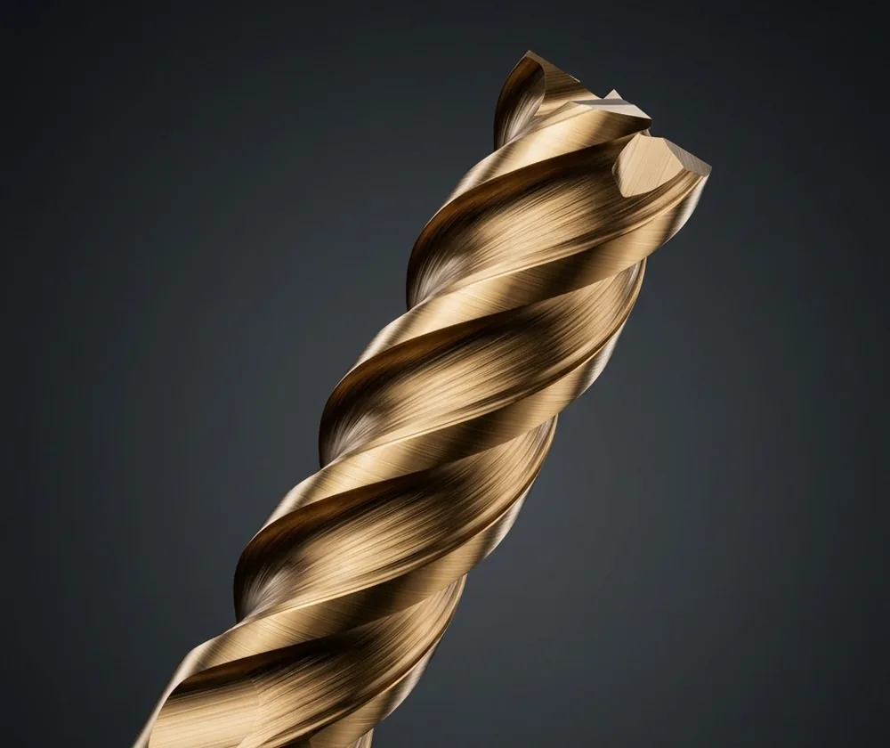 Solid carbide end mill with a bronze-colored coating, flat end and helical flutes