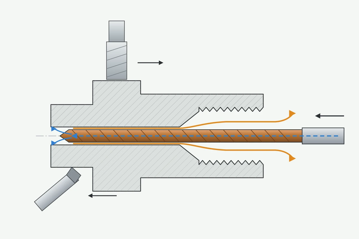 Illustration: section of a stainless sensor fitting with a through-coolant carbide drill in the axial channel, coolant fed to the point and chips flowing back to the open end, with turning and flat-milling tools around it