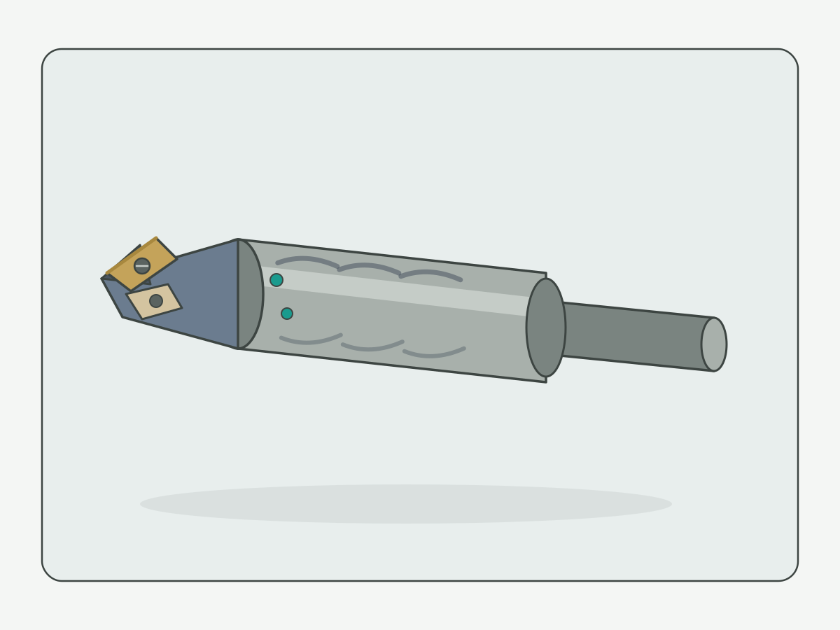 Illustration: Indexable drill body with replaceable cutting insert on light gray background