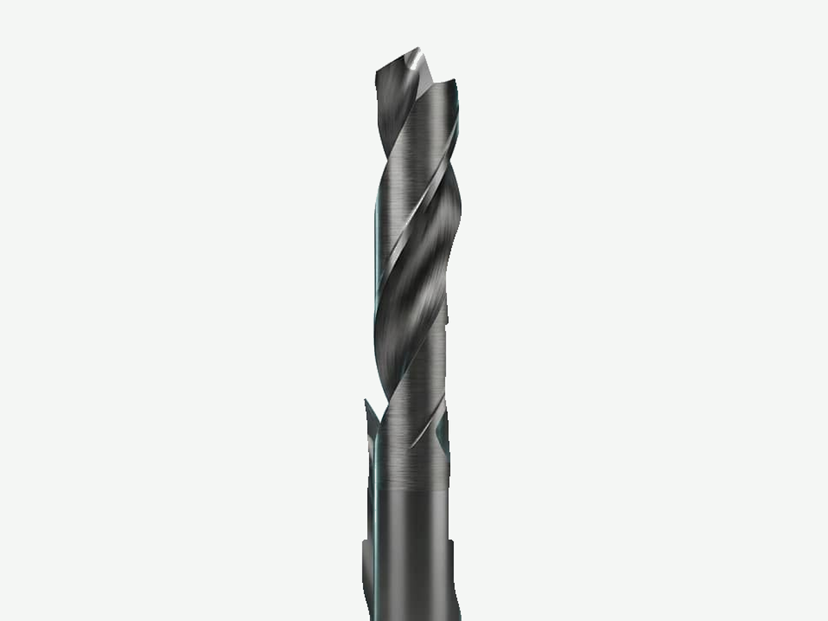 Carbide spot and center drill on light gray background; tip and flutes in frame, shank bleed