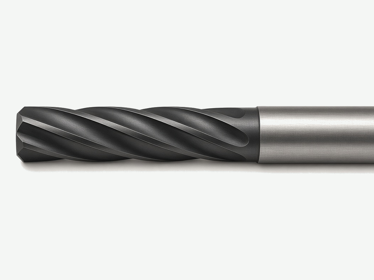 HENTRY solid carbide reamer for precision CNC hole finishing on light gray background; tip and spiral flutes in frame, shank exits display edge