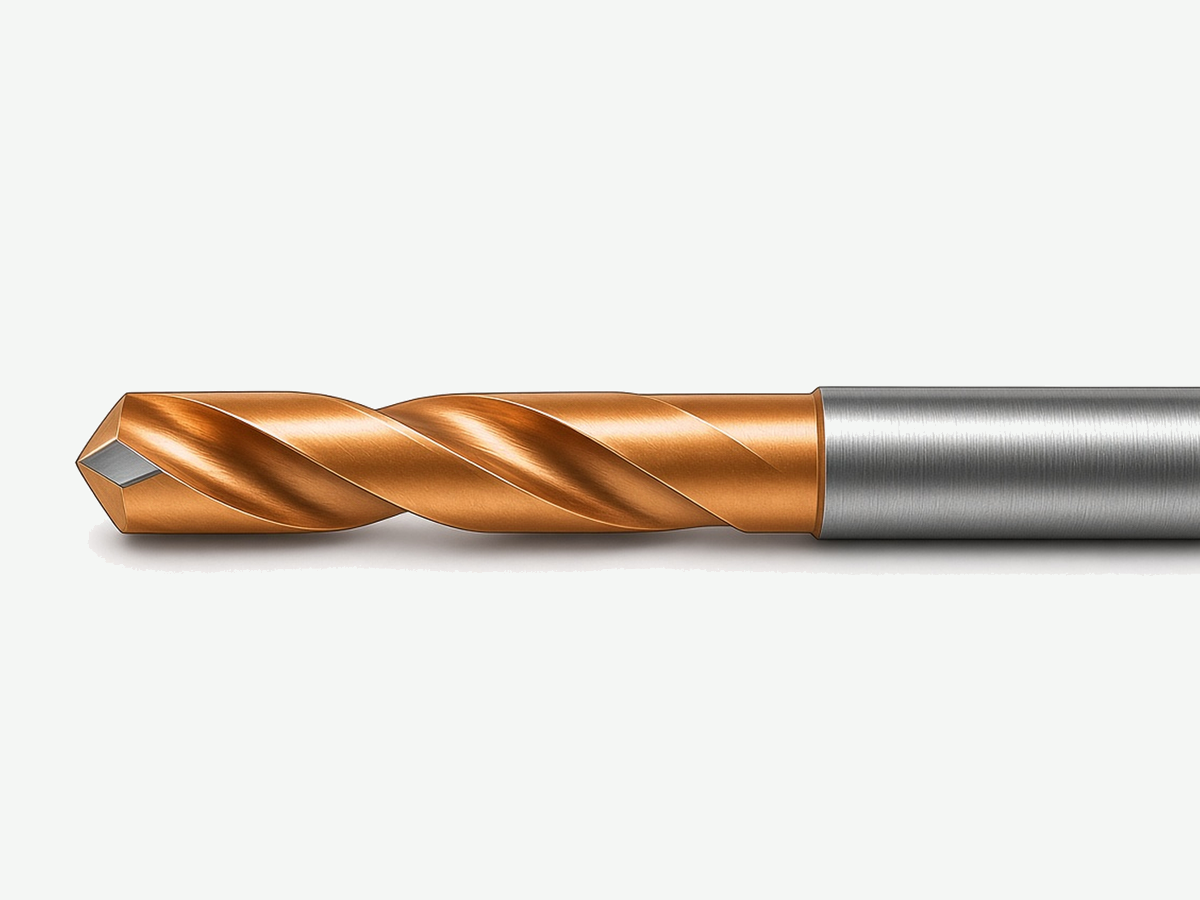 Solid carbide drill on light gray background; tip and flutes in frame, shank bleed