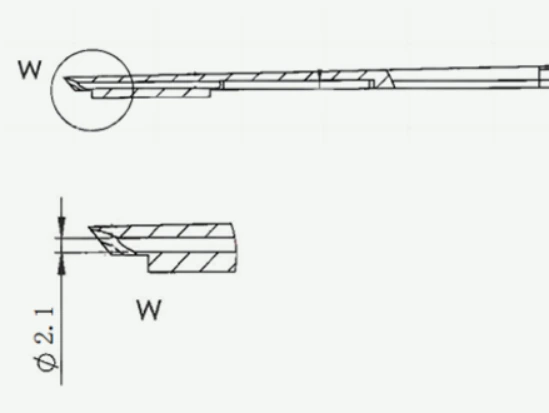 Illustration: Section drawing of the surgical forceps component with the Ø2.1 mm deep hole drilled in the HENTRY case