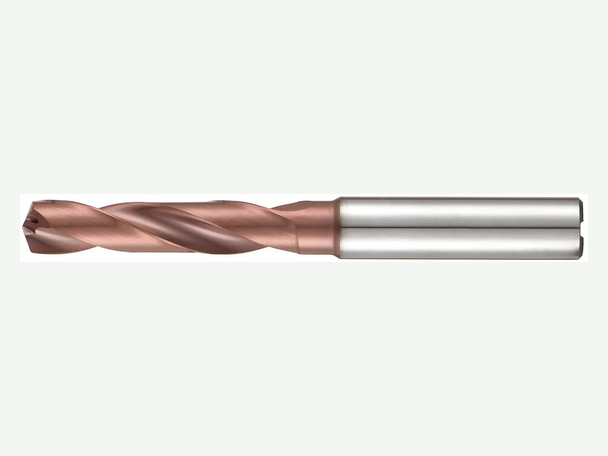 Solid carbide two-flute through-coolant twist drill with rose-copper flute coating and polished steel shank, tip to shank on light gray background