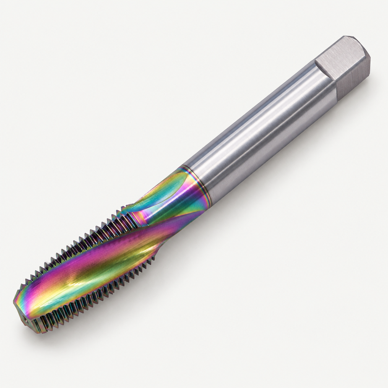 Reference-derived illustration of a spiral flute tap showing its threaded section and square-drive shank