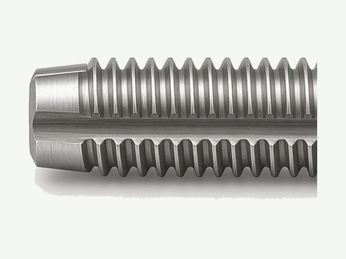 HENTRY CNC machine tap tip and thread detail on light gray background; close framing of cutting end