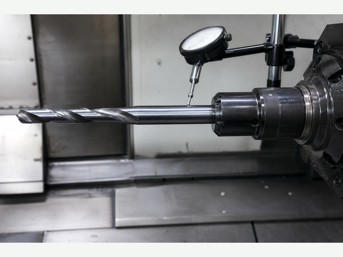 Assembled solid carbide drill in holder with dial indicator on the shank for runout check; no numeric readouts on the image