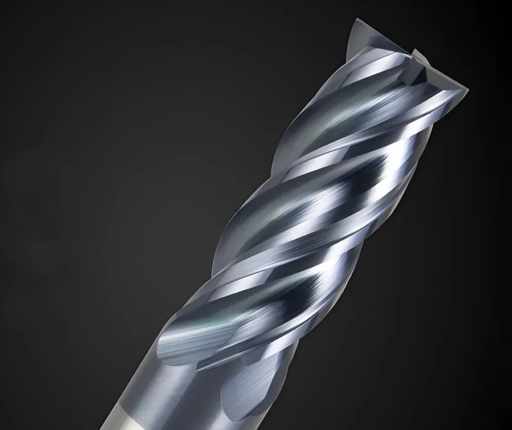 4-flute coated solid carbide square end mill, close-up of the flat end and helical flutes