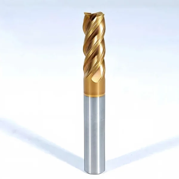 Gold-coated HENTRY 4-flute carbide end mill with a plain cylindrical shank