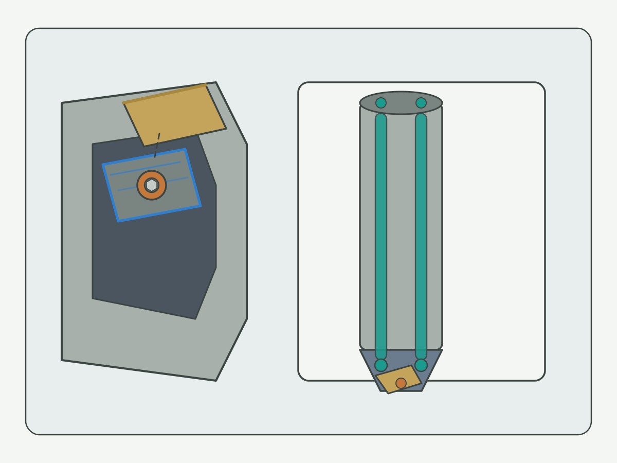 Illustration: Indexable drill insert seat, clamp, and coolant channels schematic on light gray background