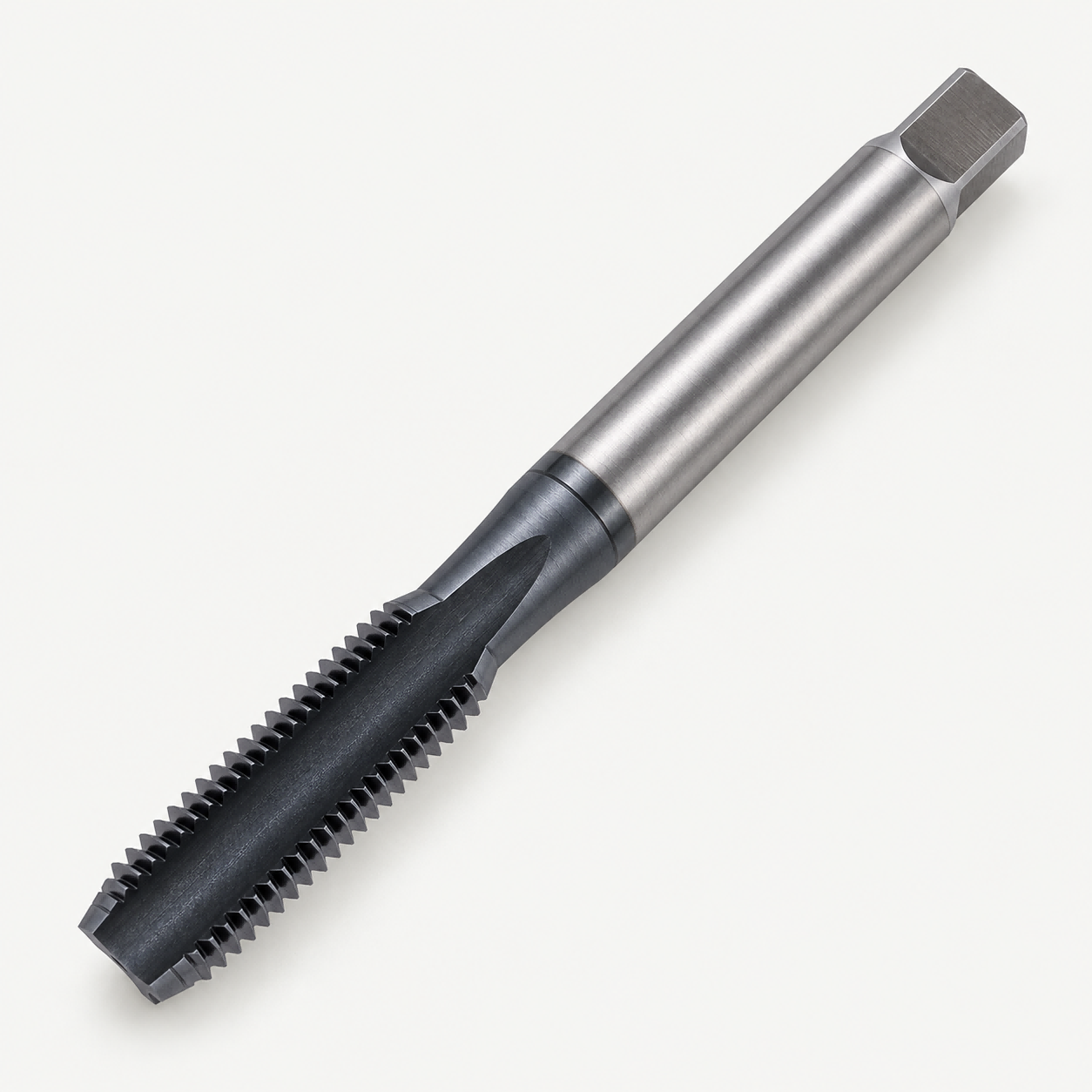 Straight-fluted cutting tap product display with threaded section, axial grooves and square drive shank