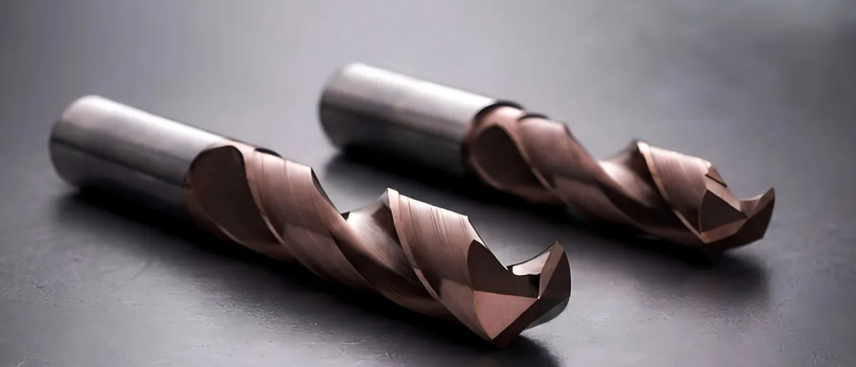 Two copper-colored coated solid carbide drills for hardened steel on a dark slate surface