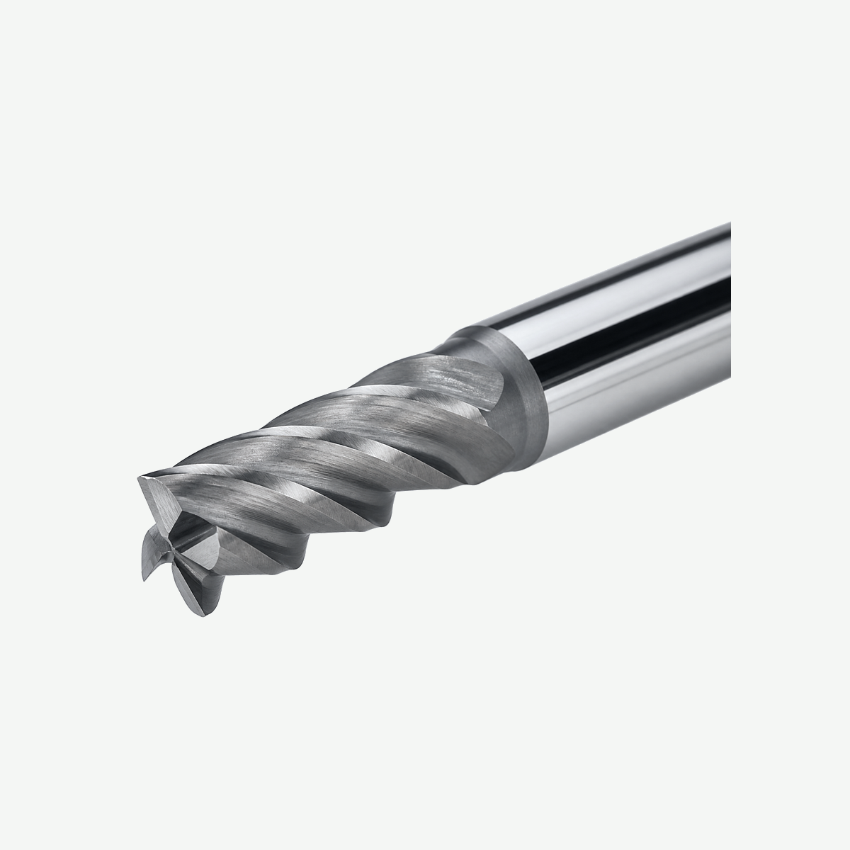 Solid carbide 4-flute end mill product photo showing helical flutes and coated cutting head on light gray background
