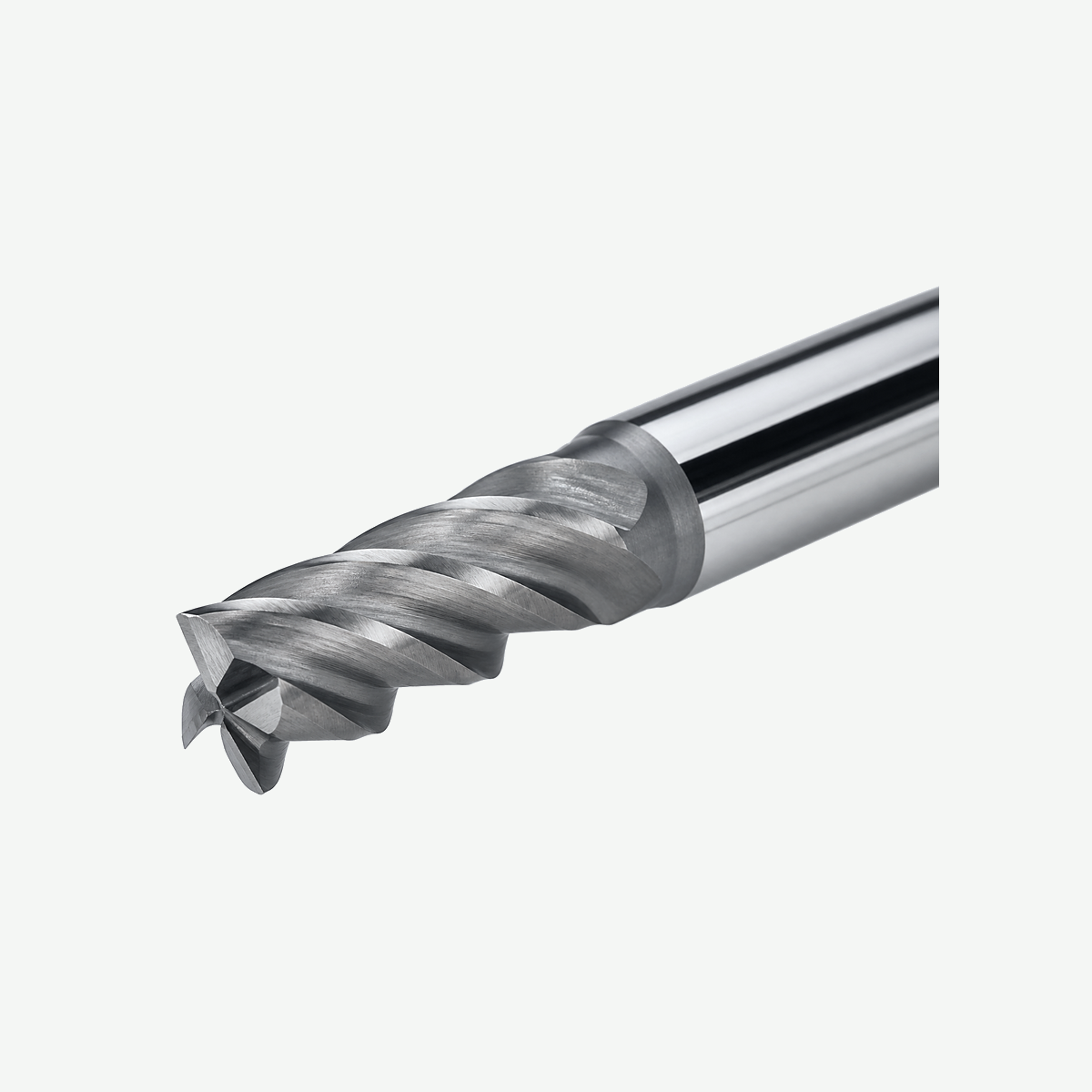 Solid carbide end mill product photo highlighting coating and cutting-edge detail on light gray background