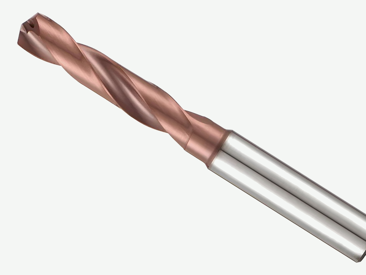 Solid carbide two-flute through-coolant twist drill with rose-copper flute coating; tip and flutes in frame, shank exits display edge; light gray background