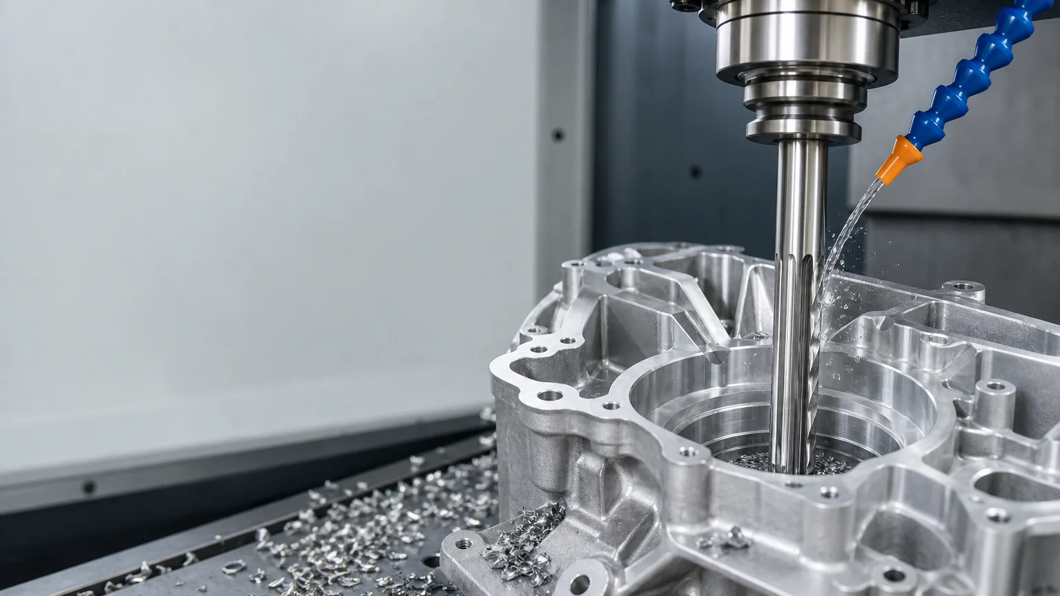 Illustration: straight-flute reamer finishing a bore in a cast aluminum housing on a machining center, with coolant applied