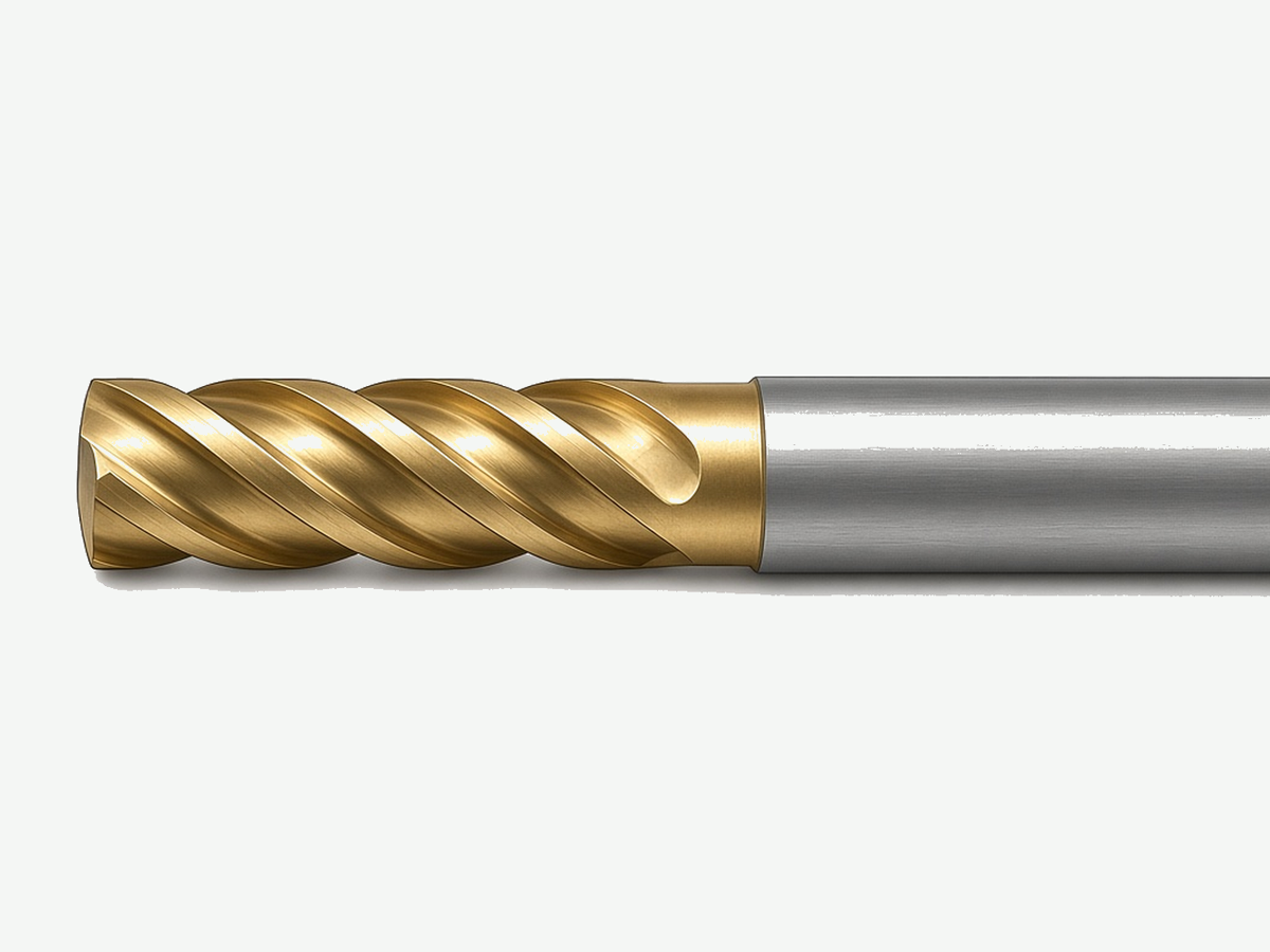 Solid carbide end mill on light gray background; tip and flutes in frame, shank bleed
