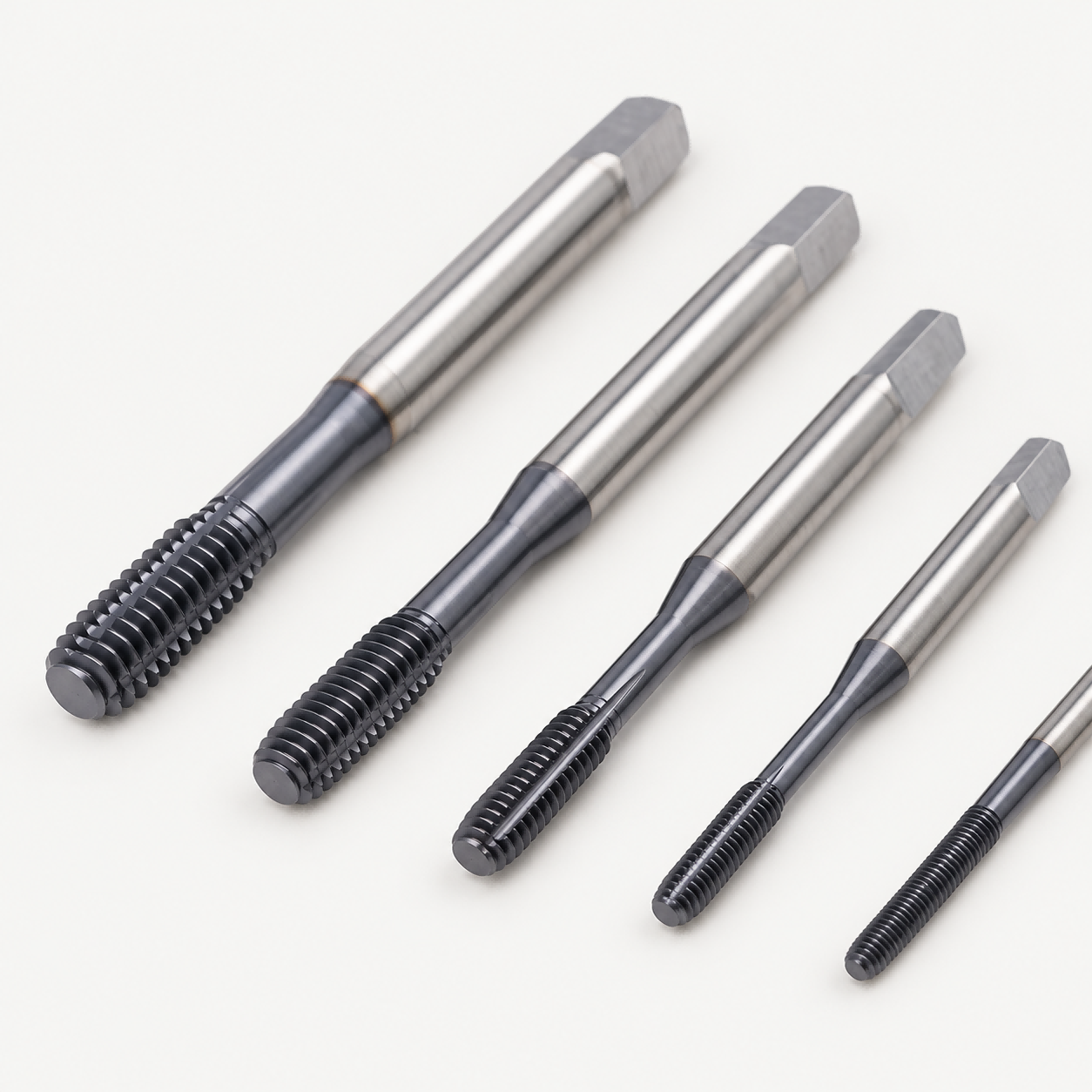 Product display illustration of five forming taps with square drive shanks