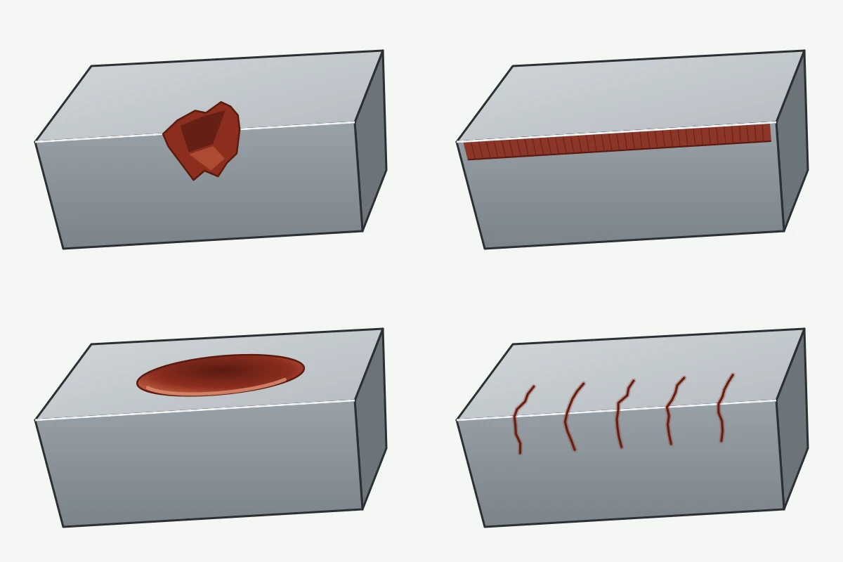 Illustration: chipping, flank wear, crater wear and thermal cracks on carbide cutting edges. The same gray carbide edge is drawn in each panel with the damage in dark red: an irregular notch broken out of the edge, an even wear band of uniform width along the flank below the edge, a scooped crater on the rake face set back from the edge, and fine cracks running across the edge at right angles.