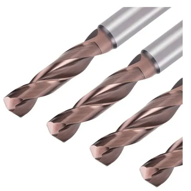 Close-up of copper-coated solid carbide drill points made in HENTRY's own factory