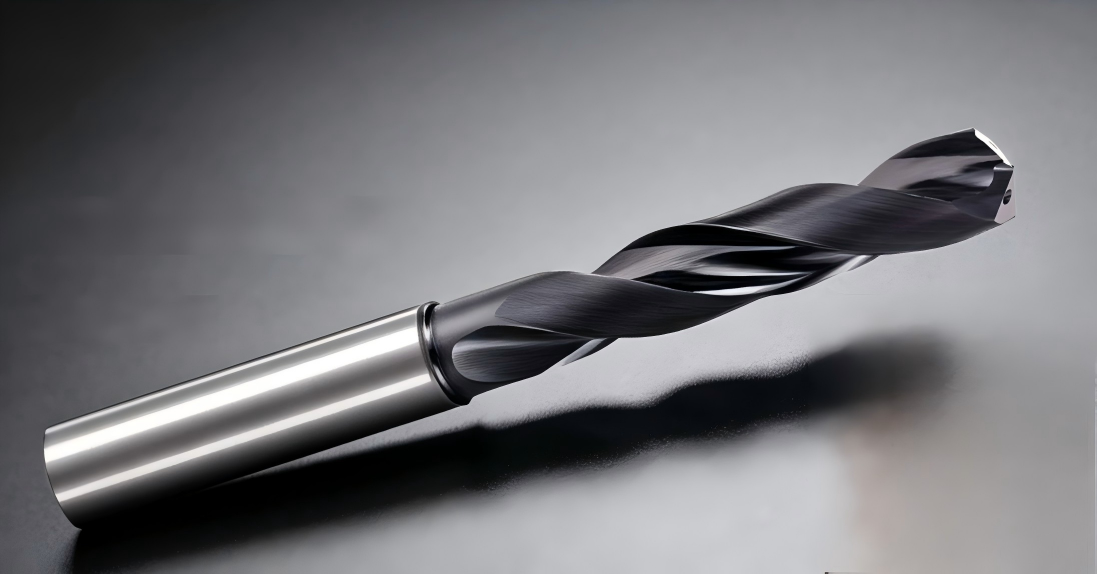 Through-coolant solid carbide drill shown in full, with the point, helical flutes, and a cylindrical shank.