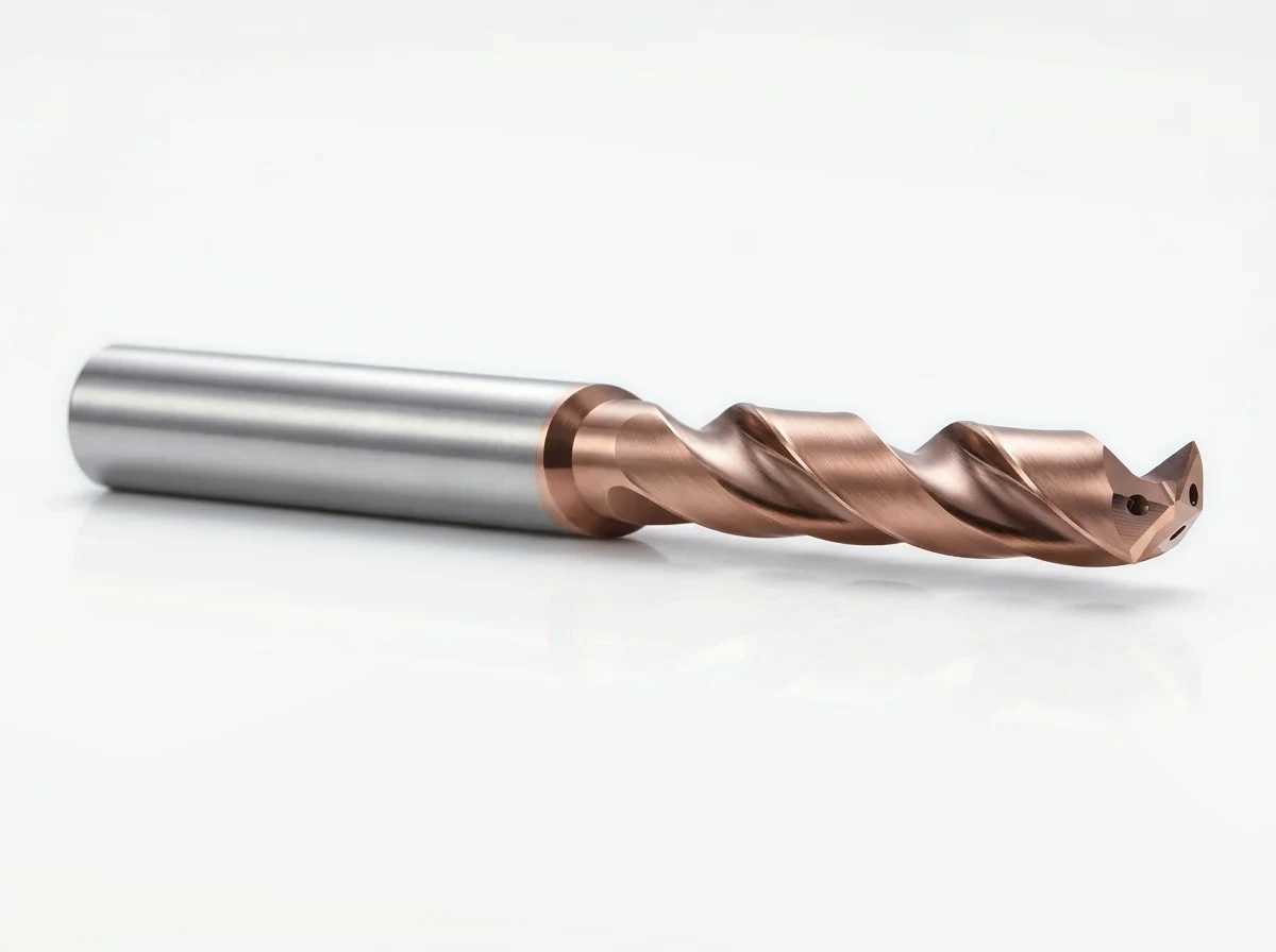 HENTRY bronze-colored coated solid carbide drill with through-coolant outlets at the point