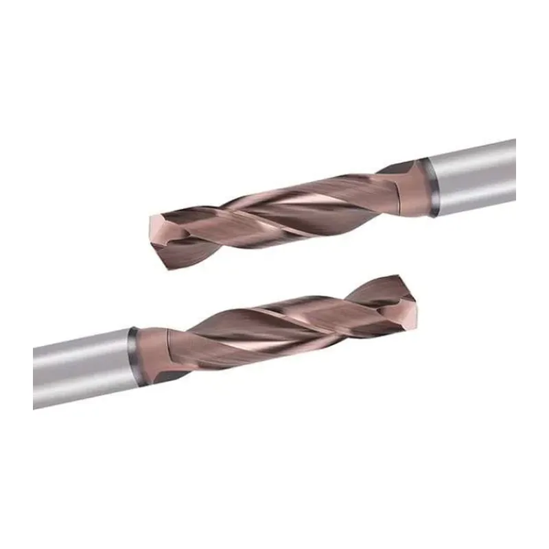 Two HENTRY solid carbide drills with copper-colored coating and plain cylindrical shanks