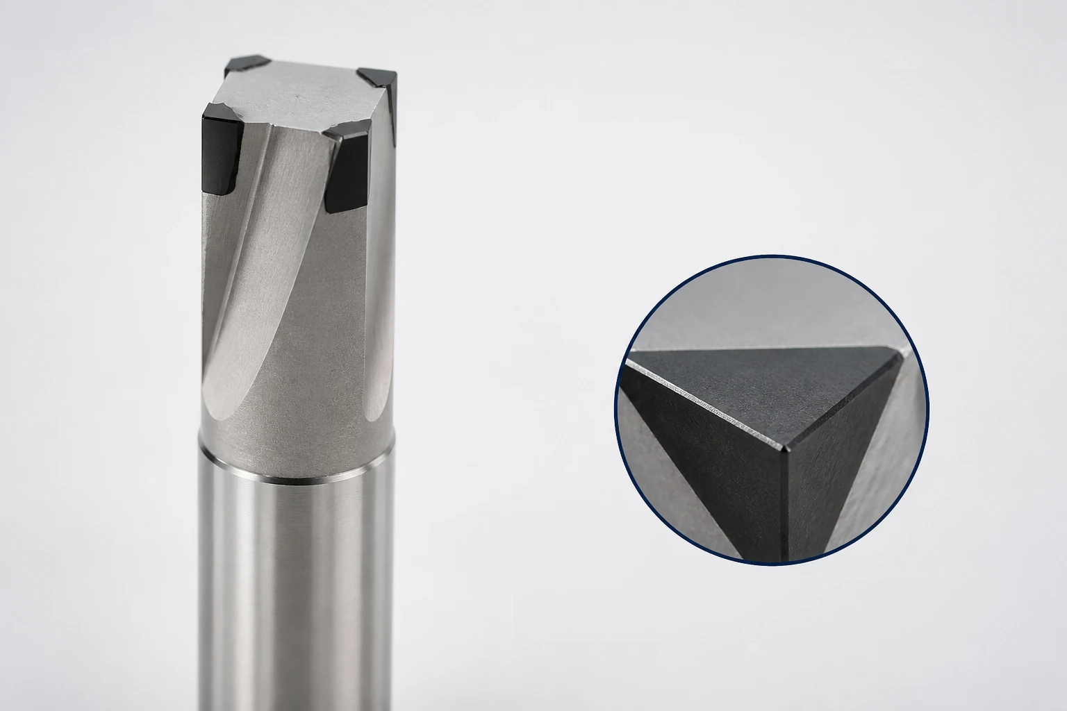 Illustration: PCD square end mill with black PCD segments brazed at the corners of a carbide body, with a close-up of one corner edge