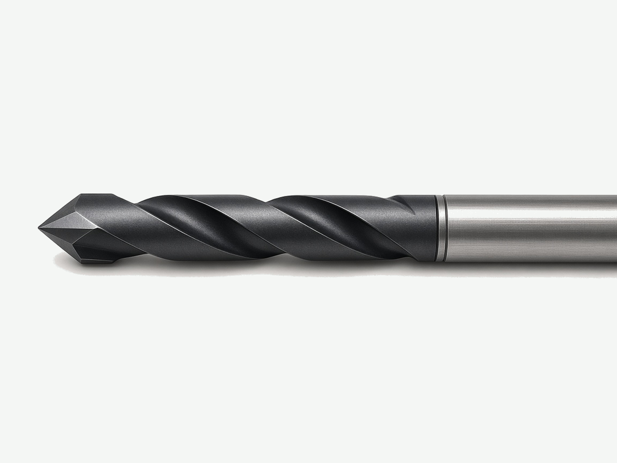 Carbide drill on light gray background; tip and flutes in frame, shank bleed