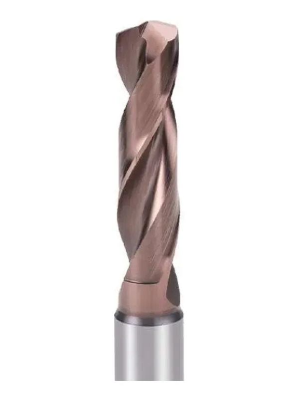 Point end of a copper-coated solid carbide drill for hardened steel, standing on its shank