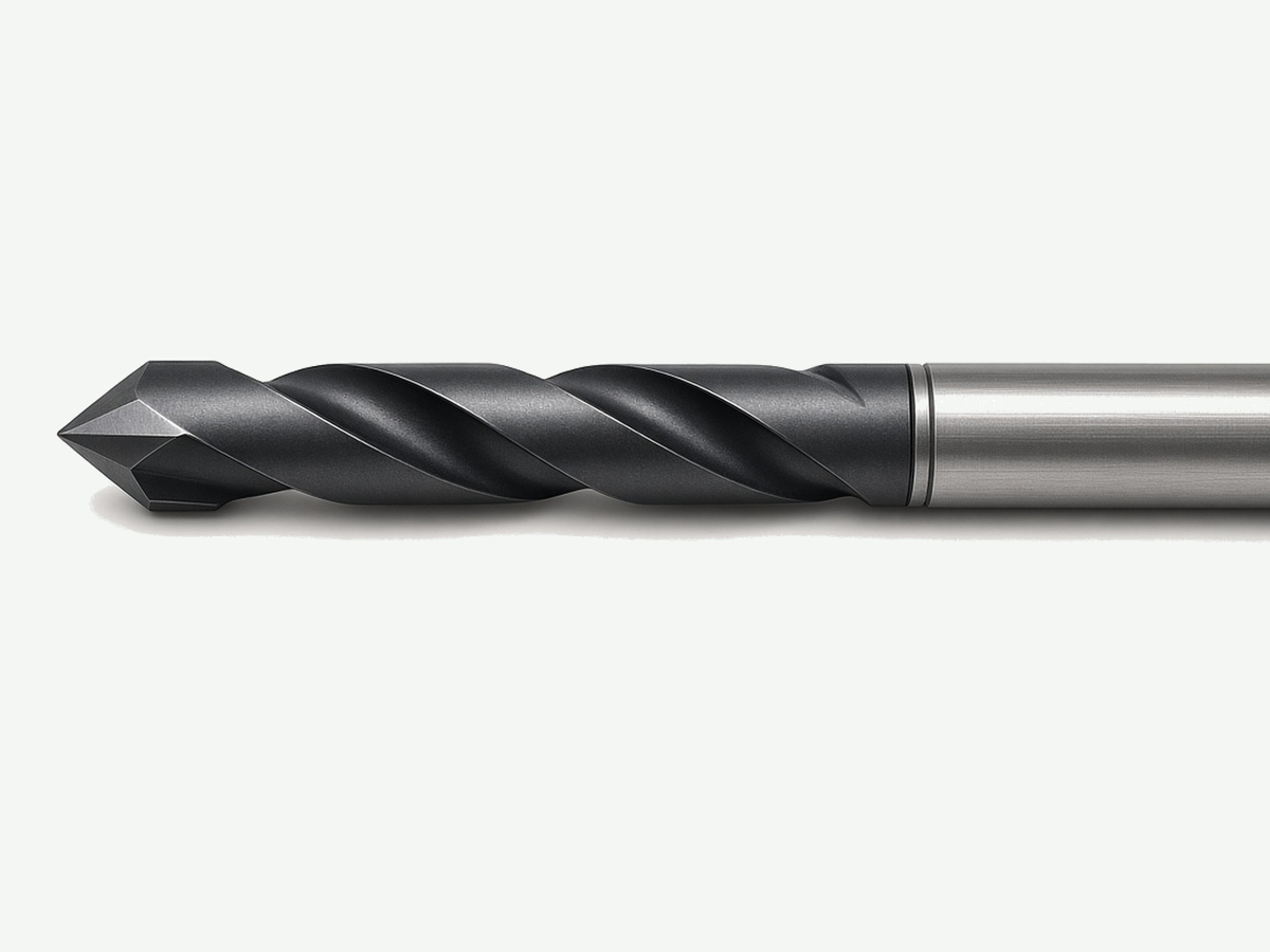 Solid carbide drill on light gray background; tip and flutes in frame, shank bleed
